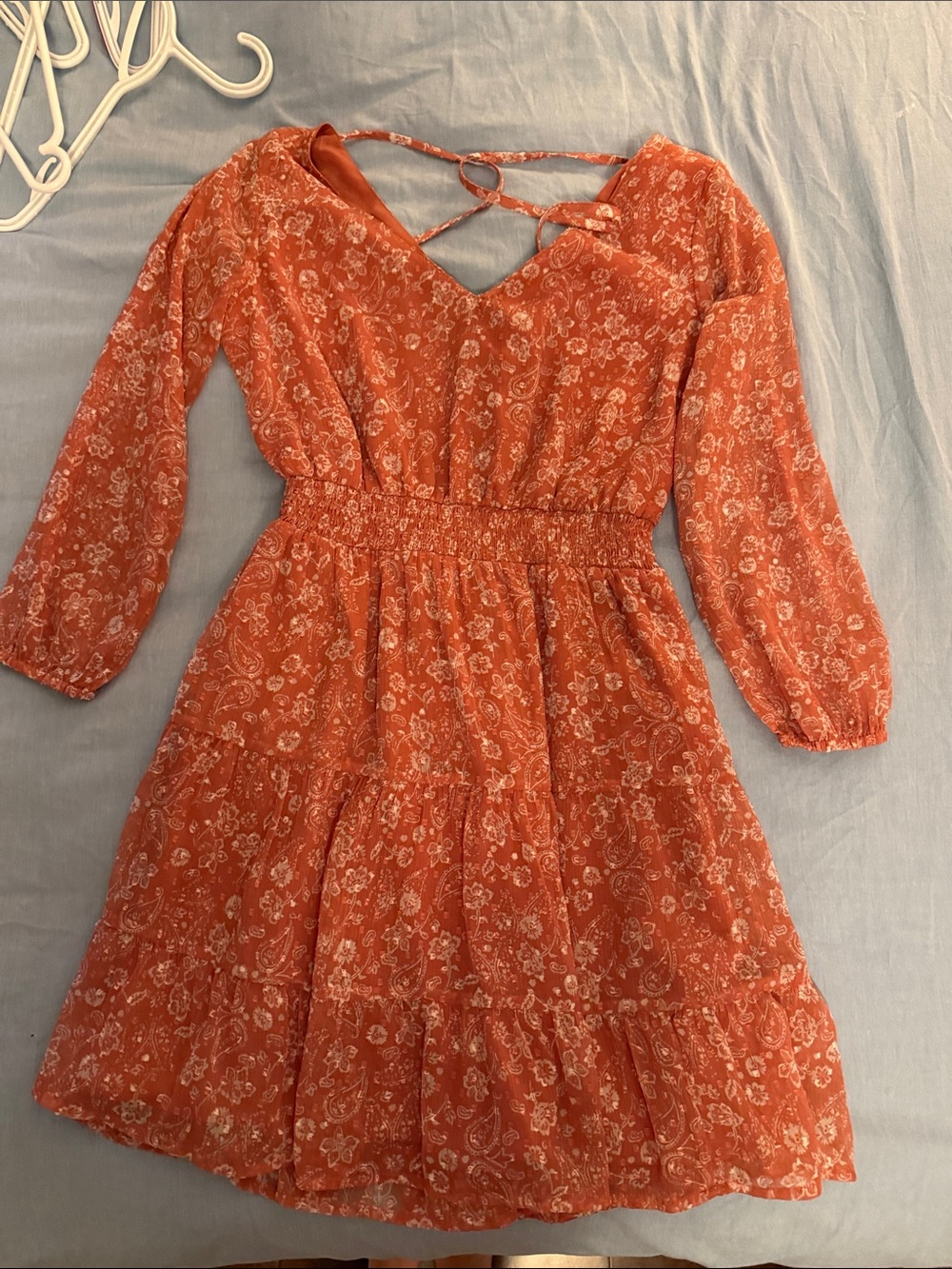 Hollister Orange Floral Tiered Long-Sleeve Dress